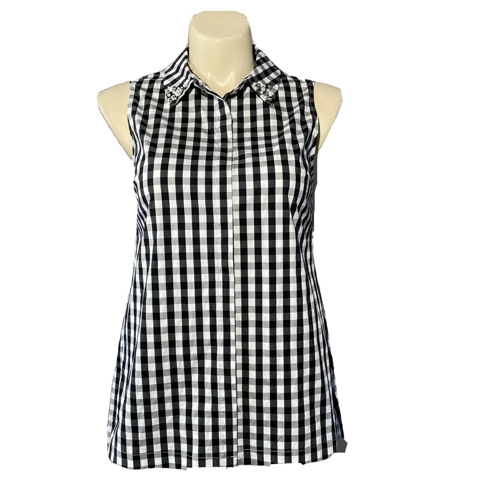 Vision 155 Top12 Black White Gingham Plaid Bead Accent Pocket Hi Lo Button Up